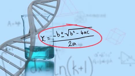 animación de ecuaciones matemáticas y cadena de adn sobre vasos