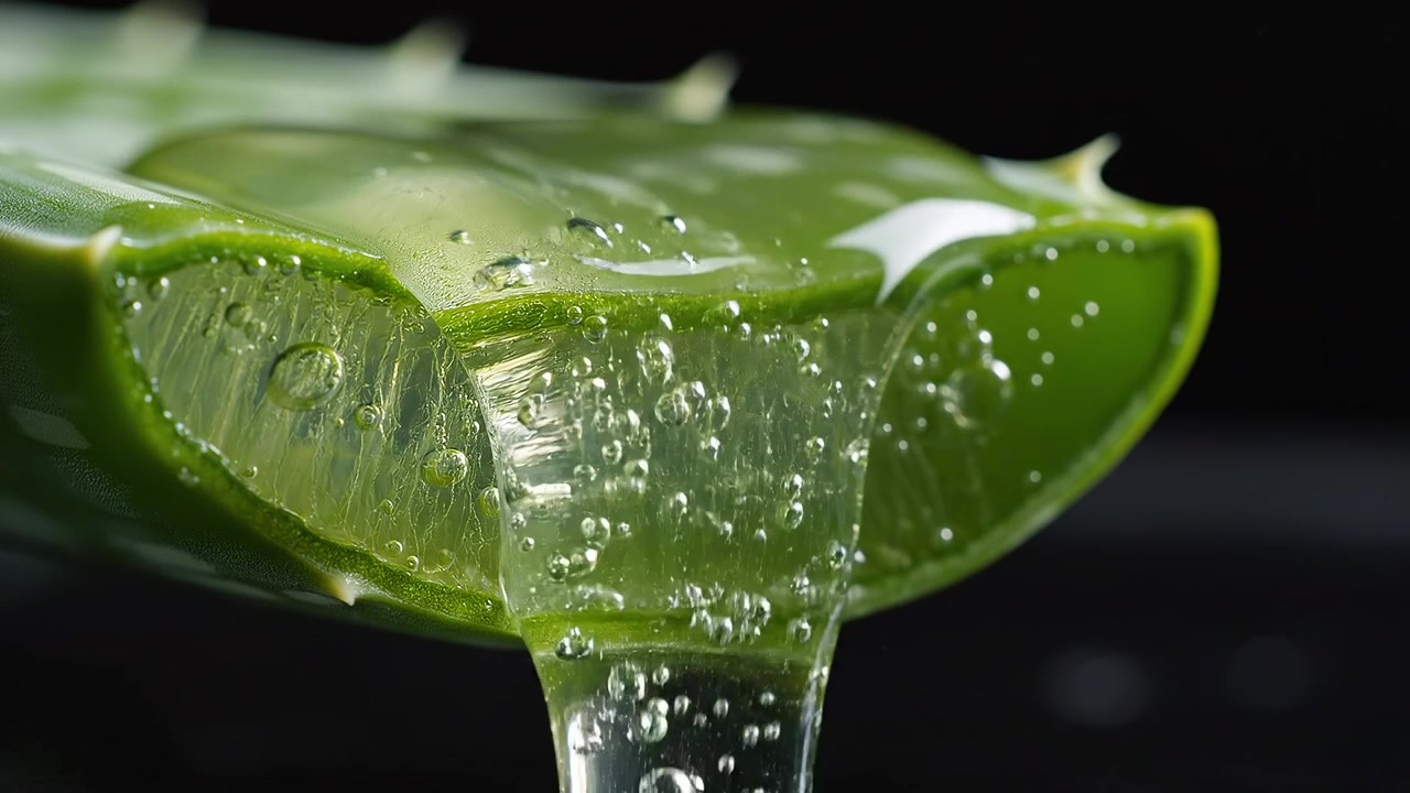 Primo piano di gel fresco di aloe vera che gocciola da una foglia