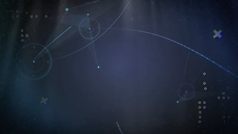 animation of abstract shapes over plexus networks and light spot against blue background