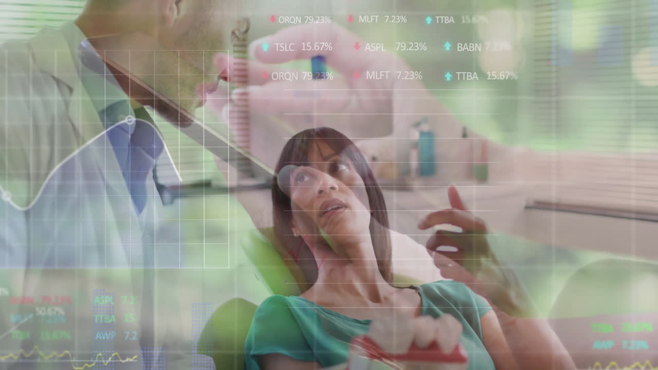 Consulting patient, doctor reviewing stock market data animation in office setting