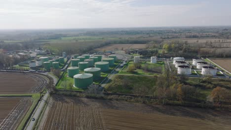 aerial view of steel round oil storage tanks, storage and handling services for petroleum products