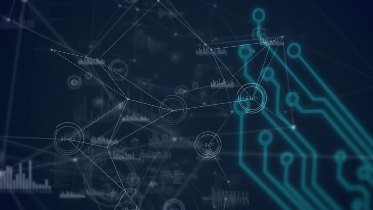 Animation of graphs and counters connected with lines and circuit board patterns