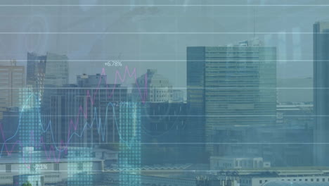 animation of financial data processing over cityscape