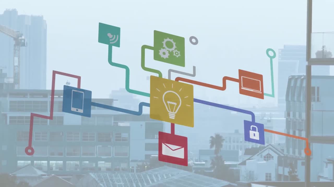 Animation of connections with icons and data processing over cityscape