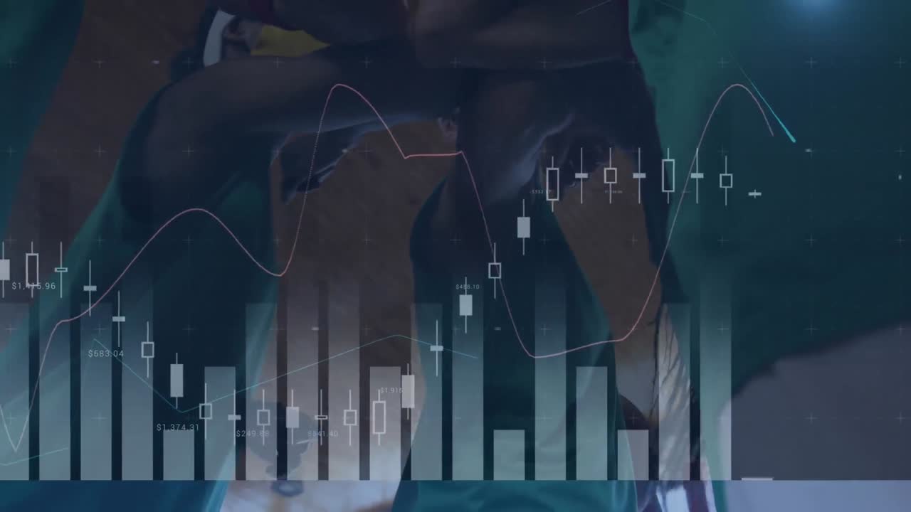 animazione dell'elaborazione dei dati finanziari su diverse giocatrici di basket che indossano maschere facciali