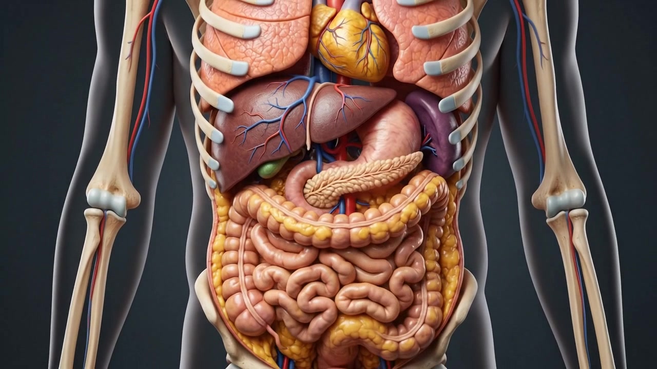 Anatomical Model of Human Torso Showing Rib Cage and Internal Abdominal Organs