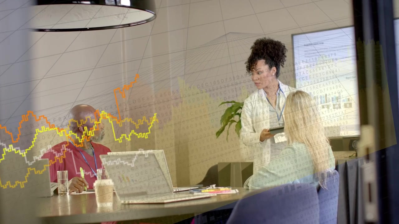 Standing analyst with tablet sharing tech data, making man look up as graphs growing on glass