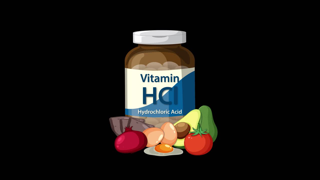 Vitamin HCl bottle surrounded by illustrated healthy foods, smooth transitions, black background, flat style