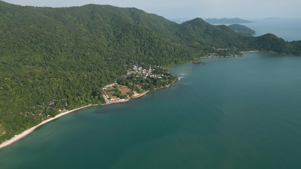Aerial Scenic Nature Drone Footage of the Mountains and Beaches on the Tropical Island of Koh Chang in Thailand during Sunset