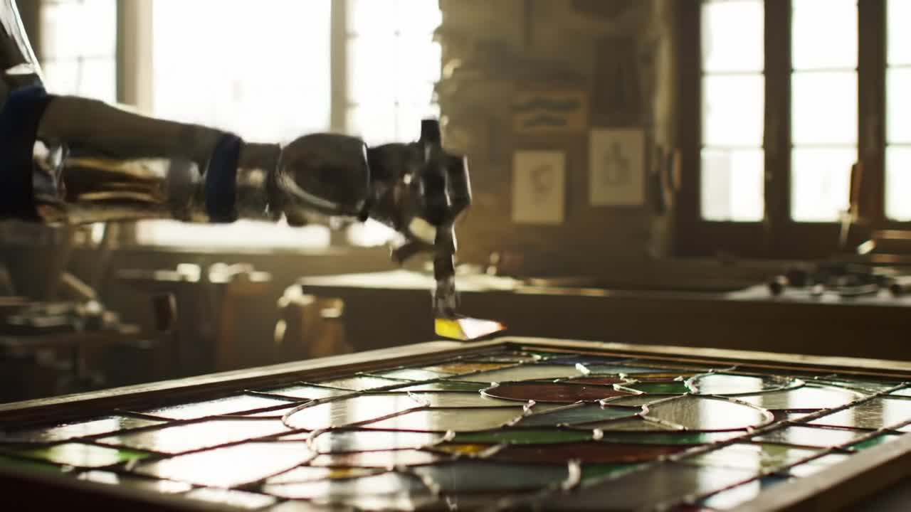 A Robotic Arm Skillfully Assembles a Stained Glass Masterpiece, Showcasing the Intersection of Artistry and Technology in Craftsmanship
