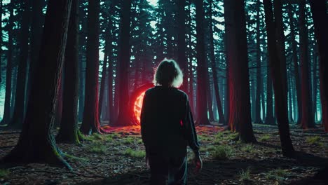 a person walking through a mysterious forest