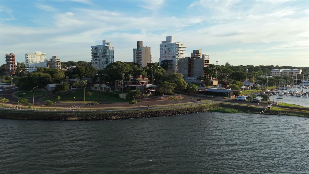 Luxury lifestyle sailing near El Brete beach, Posadas skyline, Aerial view