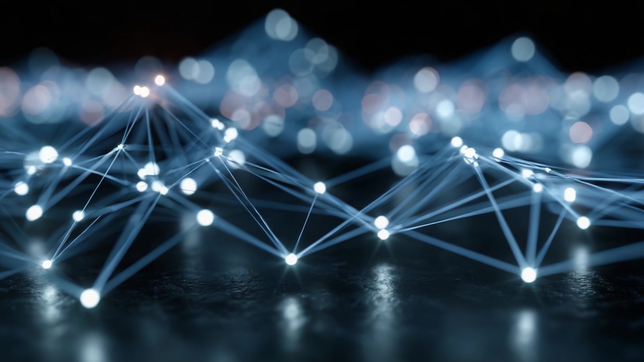 A mesmerizing visualization depicting a network of illuminated points connected by delicate lines, creating a captivating web-like structure that evokes a sense of digital innovation and connectivity.