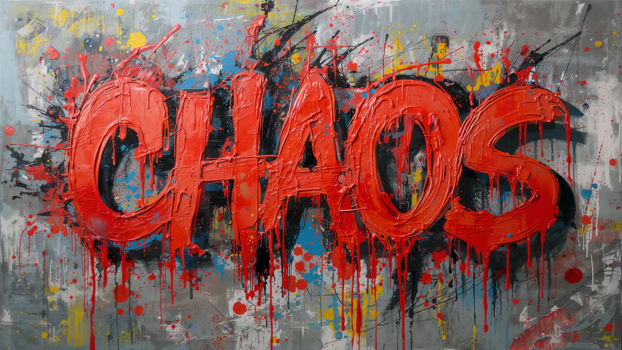 Goccia di vernice rossa schizzata da un lancio che attraversa la parete di una galleria, oscurando le lettere di CAOS e aggiungendo sgocciolature