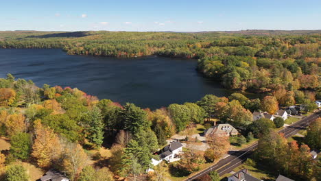 sunny autumn landscape and lakeside forest, drone aerial view