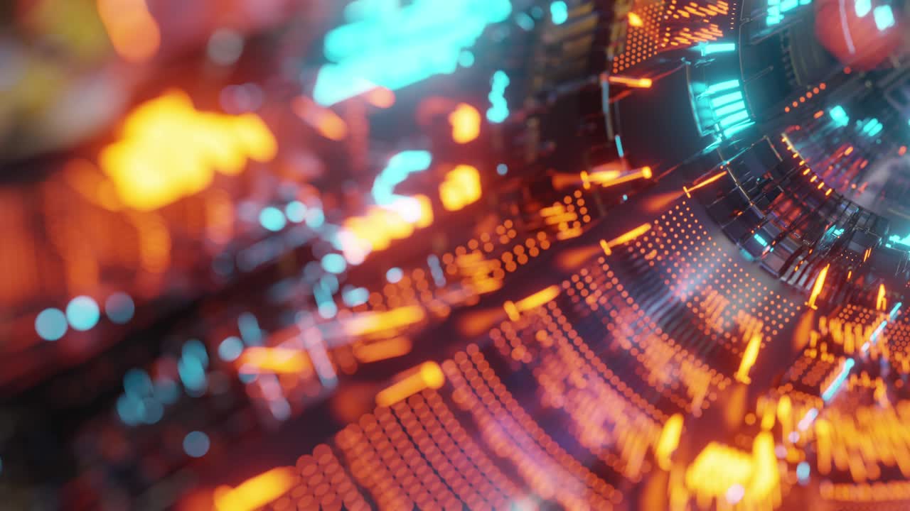 모션 그래픽 4k: 추상적인 기술 배경, led 및 박이는 입자의 완벽한 루프 - 빛의 빛과 보케와 함께 전기 회로 신호의 애니메이션