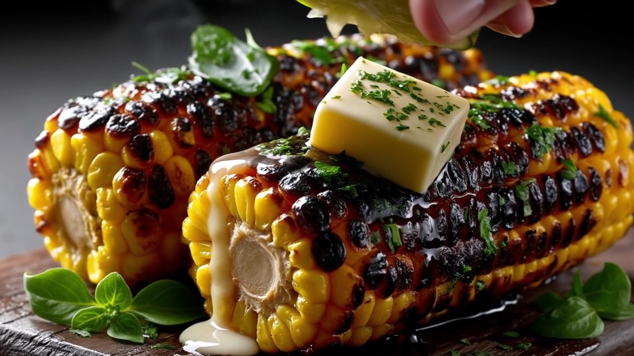 Two pieces of grilled corn on the cob with melting butter and fresh herbs on a dark board