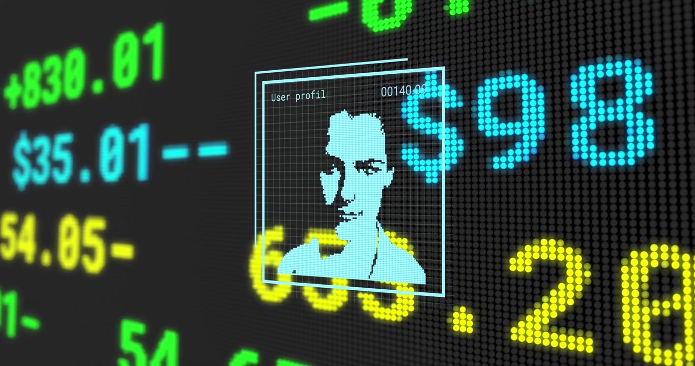 Animation of financial data over user photos on black background