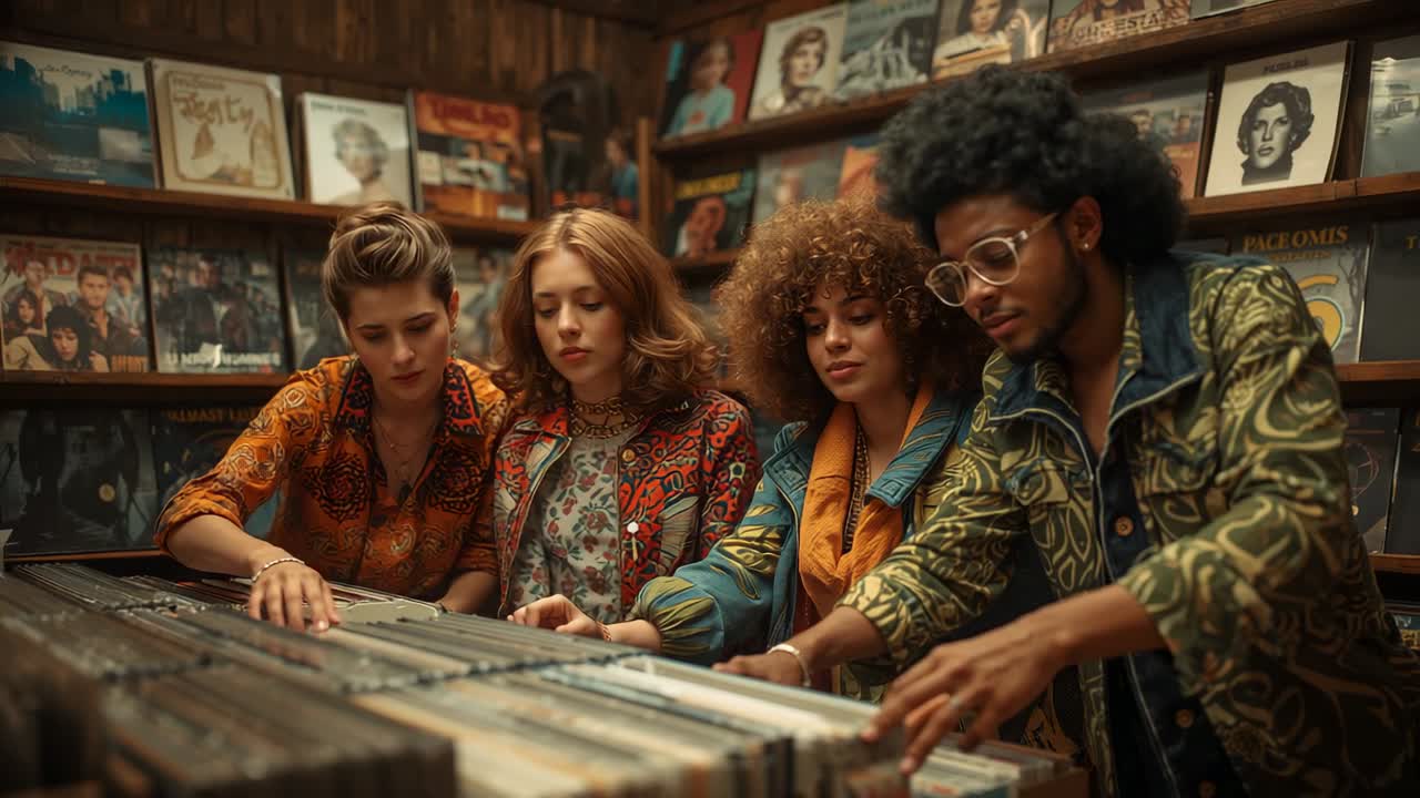 Approaching bin at vinyl shop, friends flipping vinyl sleeves, inspecting cover art for new music