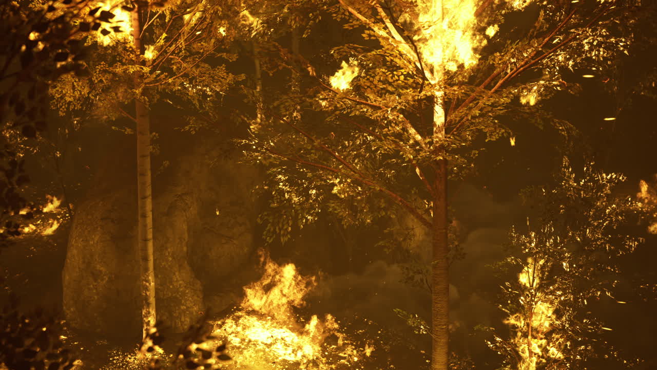 Forest fire spreads rapidly through trees at dusk in remote wilderness