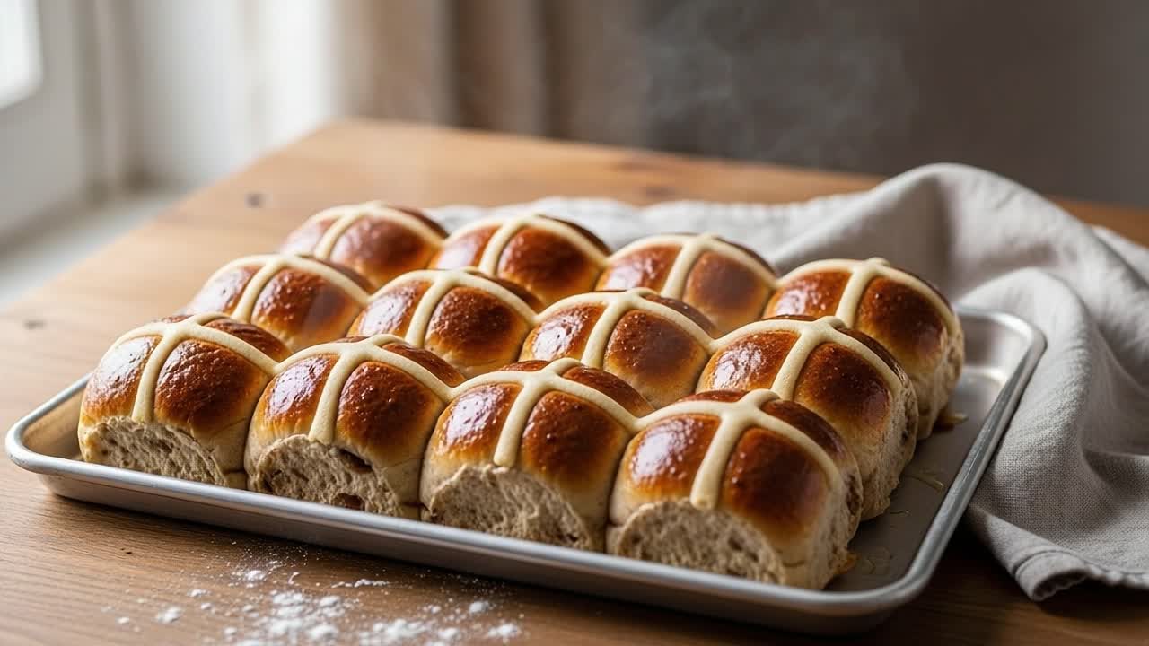 Freshly Baked Hot Cross Buns Arranged on a Tray with Steam Rising, Showcasing Soft, Glazed Breads Perfect for Breakfast or a Sweet Treat, Capturing the Essence of Tradition and Flavor