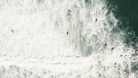 Toma-Aérea-De-Arriba-Hacia-Abajo-De-Personas-Surfeando-Y-Tratando-De-Atrapar-Olas-En-Aguas-Bravas