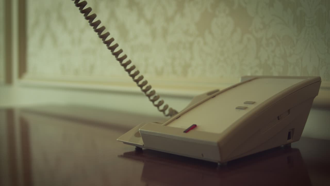 호텔 방 에 전화 하기 위해  ⁇ 드 ⁇  을 들고 있는 여자