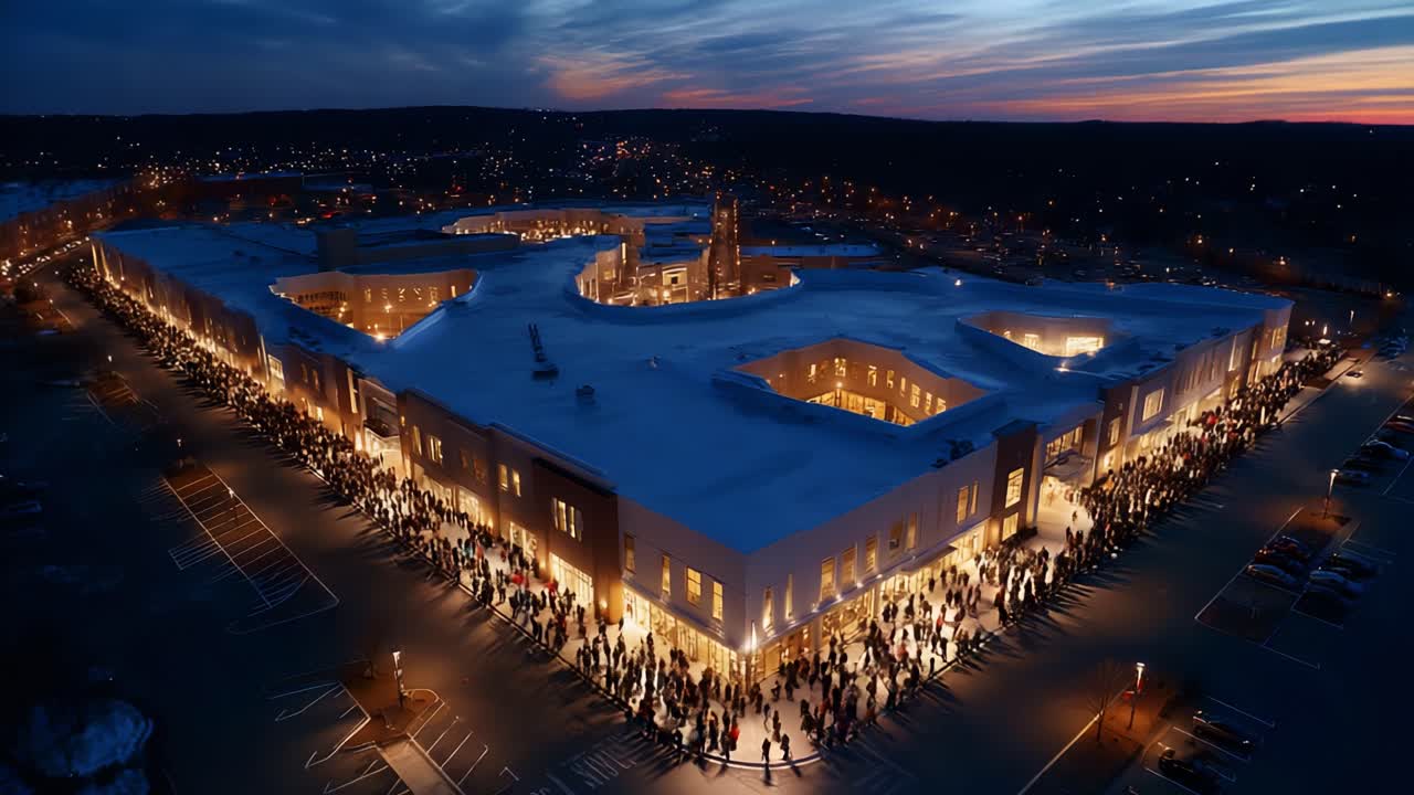Stunning Aerial View of a Busy Shopping Complex at Twilight, Showcasing a Long Queue of Shoppers Eagerly Awaiting Entry as the Sky Transforms with Beautiful Colors
