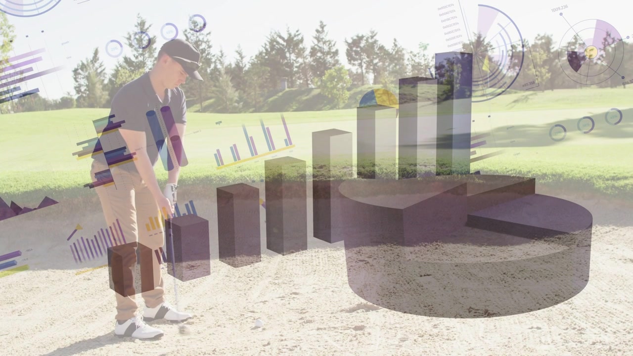 Male golfer gripping club, executing bunker shot while charts pulsing and bars rising for analysis