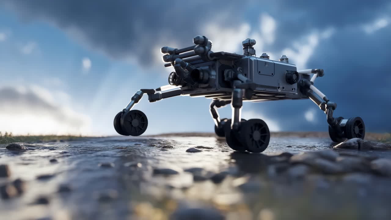 Robotic Rover Exploring a Rocky Landscape Under a Cloudy Sky