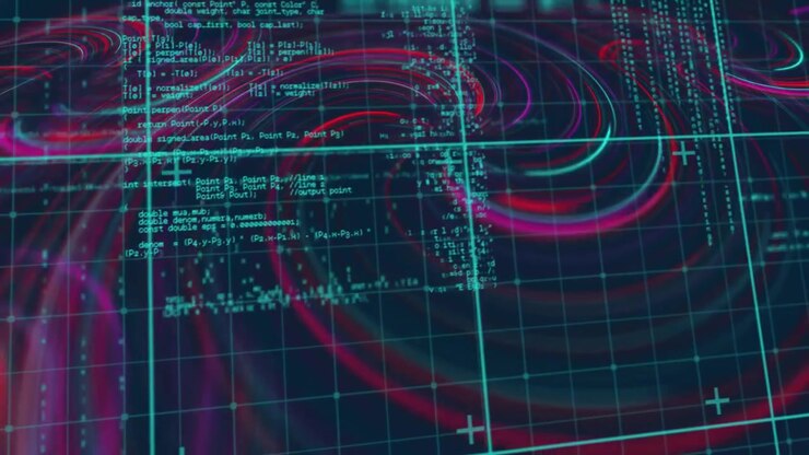 dark grid filling starting swirling bands rotating code streams, markers cascading for data display