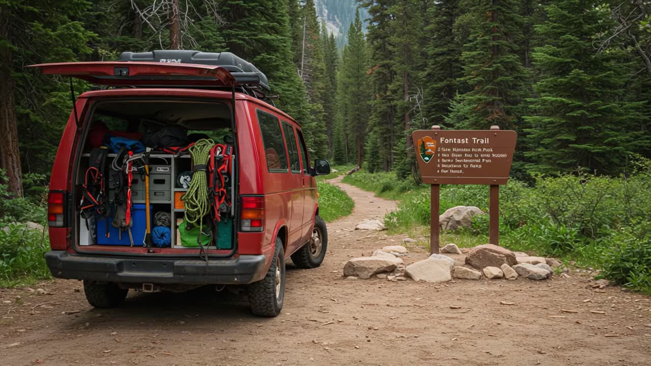A vibrant red van parked at the trailhead, surrounded by lush greenery and towering trees, ready for an adventure along the scenic Fontast Trail in the great outdoors