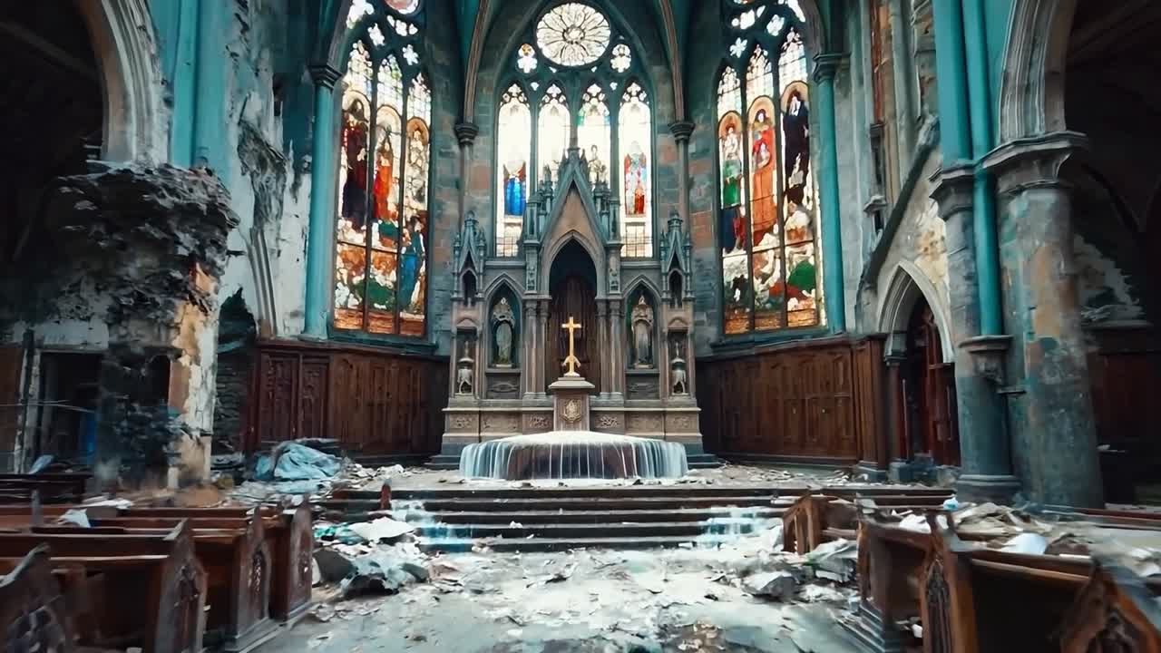Une église avec des vitraux et des bancs