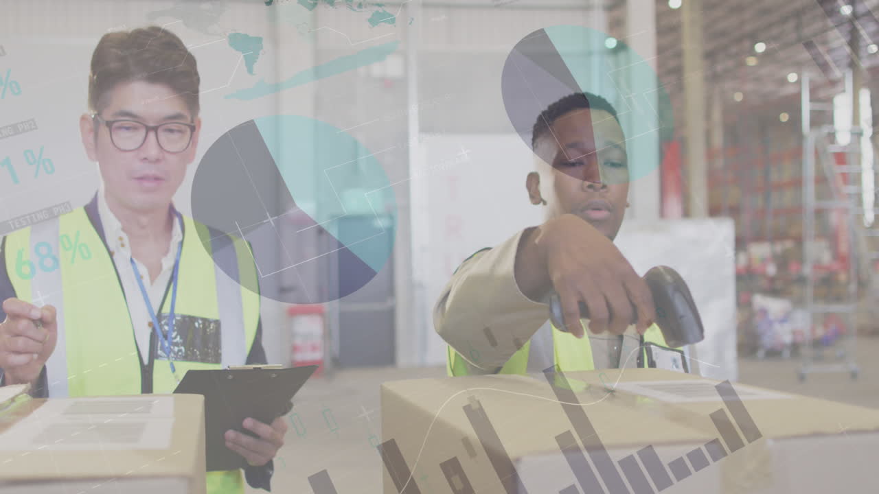 animación del procesamiento de datos financieros sobre diversas personas que trabajan en el almacén