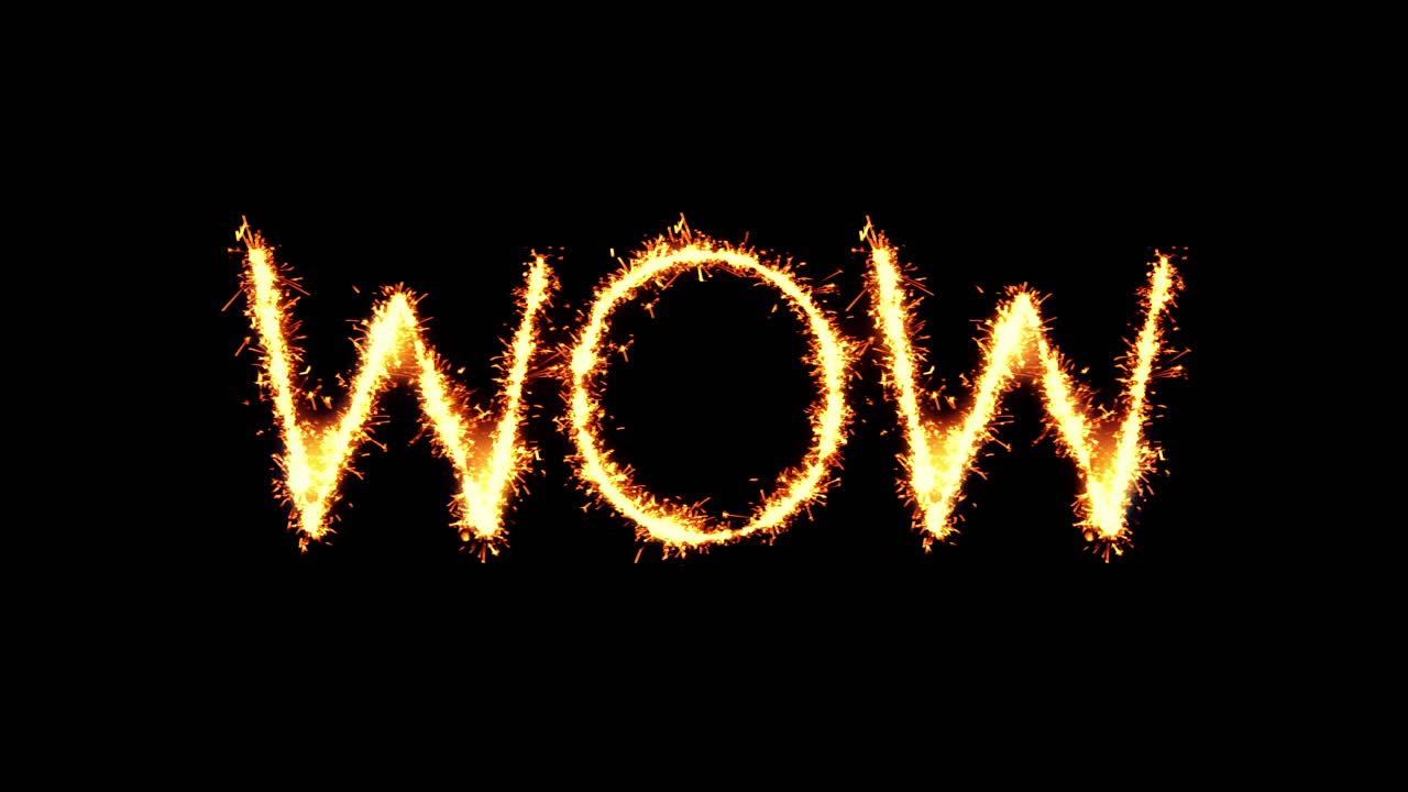 Wow text sparkler writing with glitter sparks particles firework on black 4k loop background