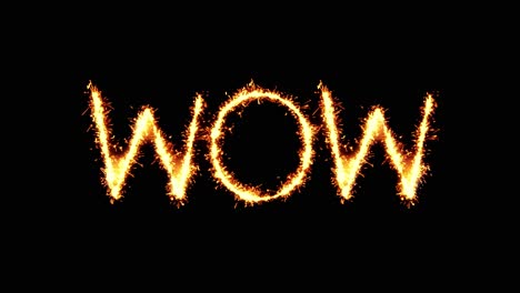 Wow text sparkler writing with glitter sparks particles firework on black 4k loop background