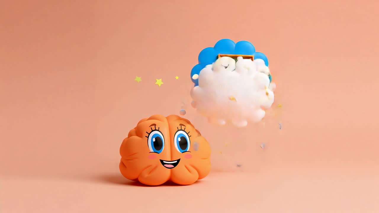 Orange brain opening bubble against peach backdrop, filling with stars, green inside in blue frame