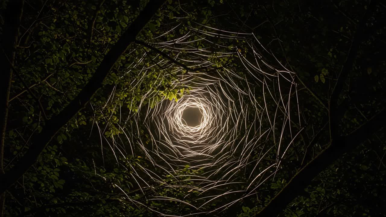A Captivating Viewpoint of Nature's Web: An Illuminating Spiral of Twigs and Leaves Surrounded by Darkness, Highlighting the Connections in a Forest Canopy