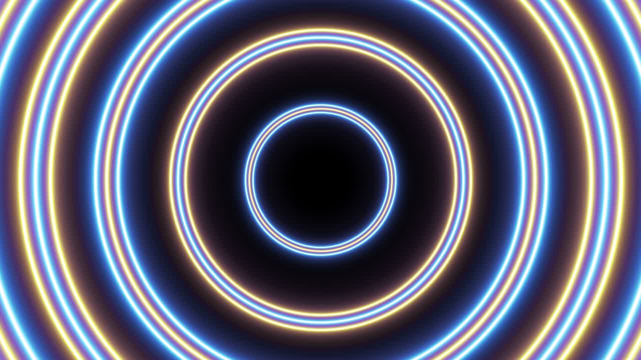 grupos de círculos naranjas y azules animación de bucle sin costuras en un fondo negro. vuelo futurista sin costuras abstracto en un túnel gráfico de movimiento