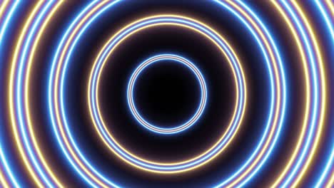 grupos de círculos naranjas y azules animación de bucle sin costuras en un fondo negro. vuelo futurista sin costuras abstracto en un túnel gráfico de movimiento