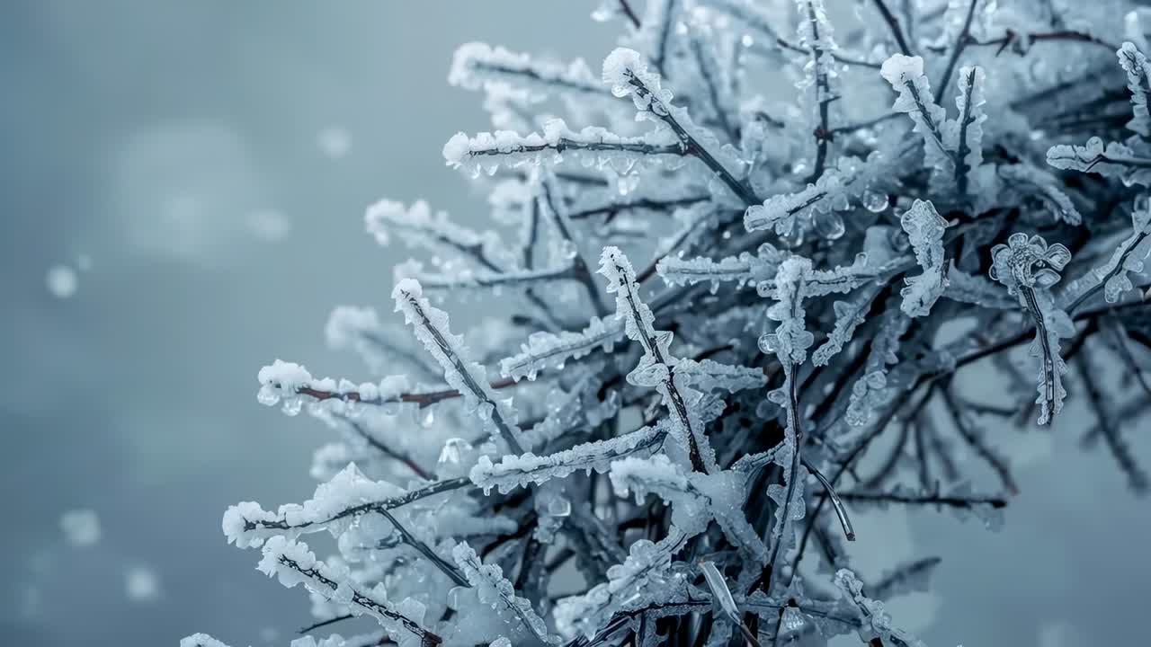 Shifting camera revealing frost-coated twig cluster at winter macro to show ice beads, falling snow