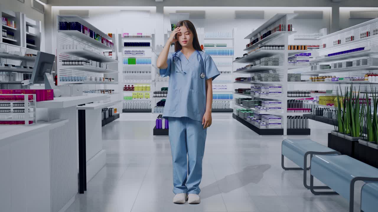 약국에 서 있을 때 두통이 있는 스테토스코프를 가진 아시아 여성 의사의 몸이 가득 차 있습니다.