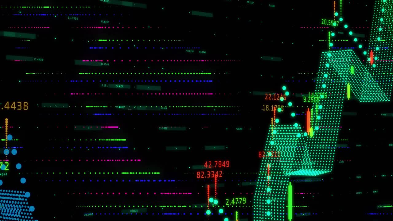 Glitch bars flickering magenta-to-blue trend materializing, markers appearing, labels showing data