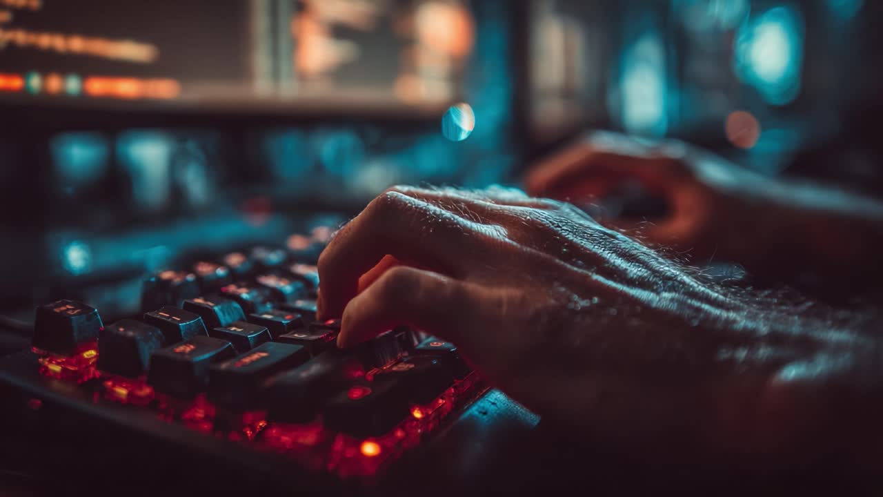 A Close-up Perspective of a Programmer's Hands Typing Intently on a Backlit Keyboard Amidst a Dimly Lit Workspace Filled with Computer Screens