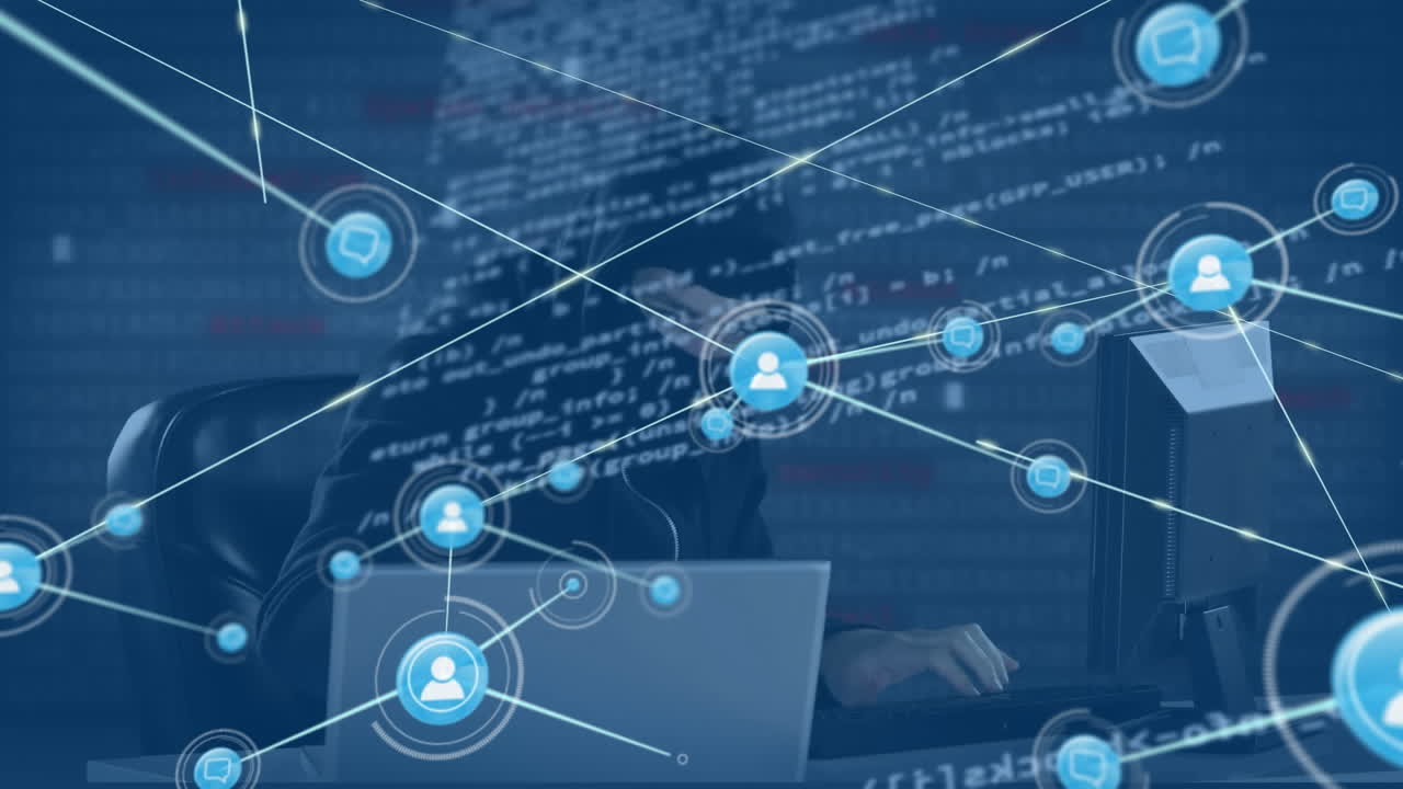 컴퓨터를 사용하여 해커를 통해 연결 네트워크의 애니메이션