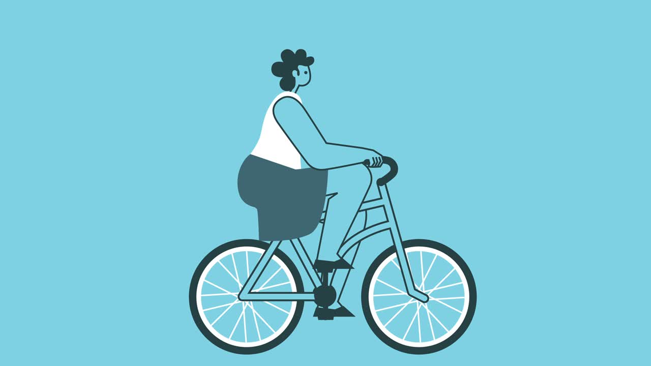 재미있는 그래픽 평면 디자인 대담한 여성 만화 캐릭터 자전거 타기 고립 루프 2d 애니메이션