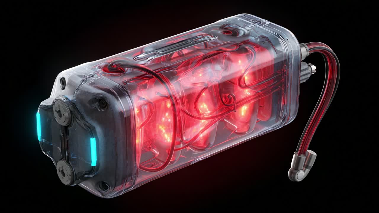 Advanced Energy Cell with Transparent Casing and Illuminated Components, Showcasing Cutting-Edge Design for Power Storage and Efficiency in Modern Technology Applications
