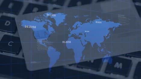 animación de números y mapa del mundo sobre el teclado de la computadora portátil
