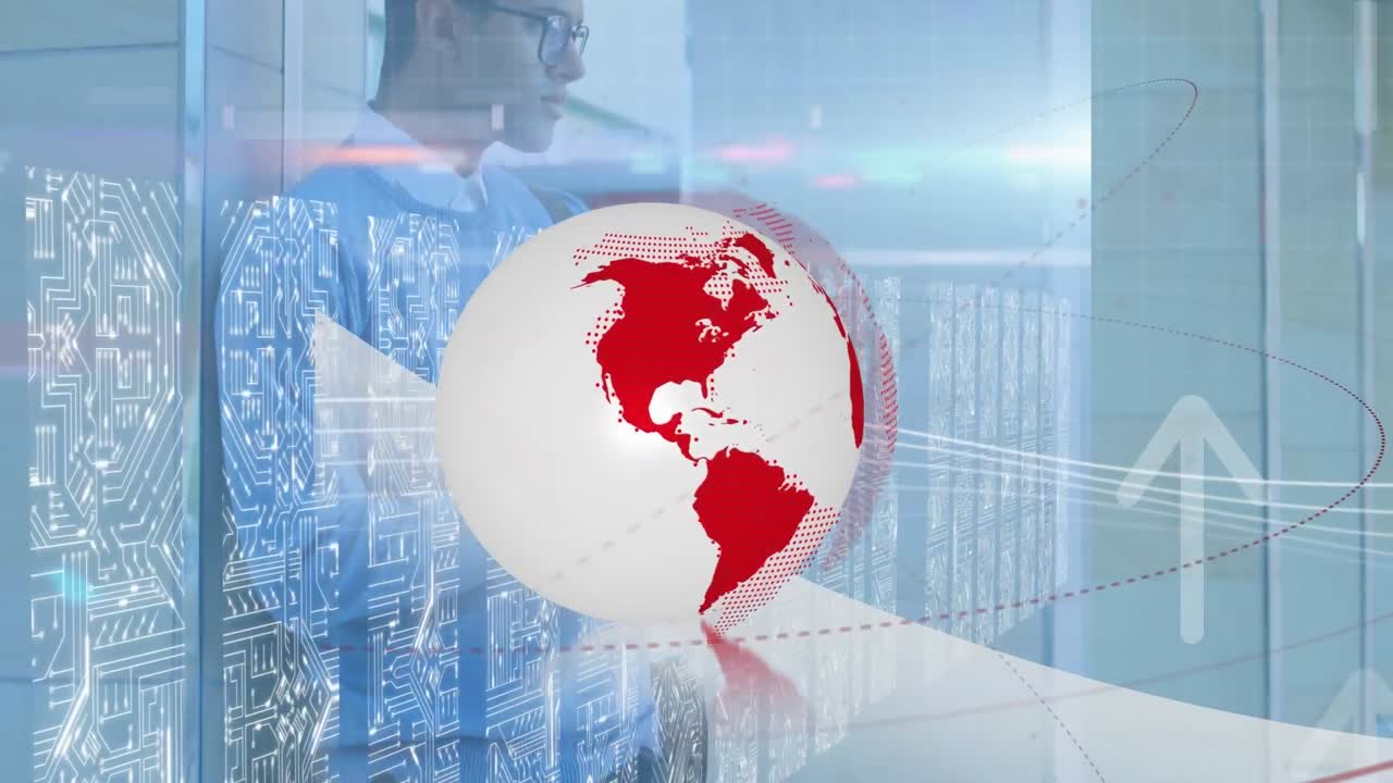 Animation of globe, arrows and data processing over caucasian businessman using smartphone
