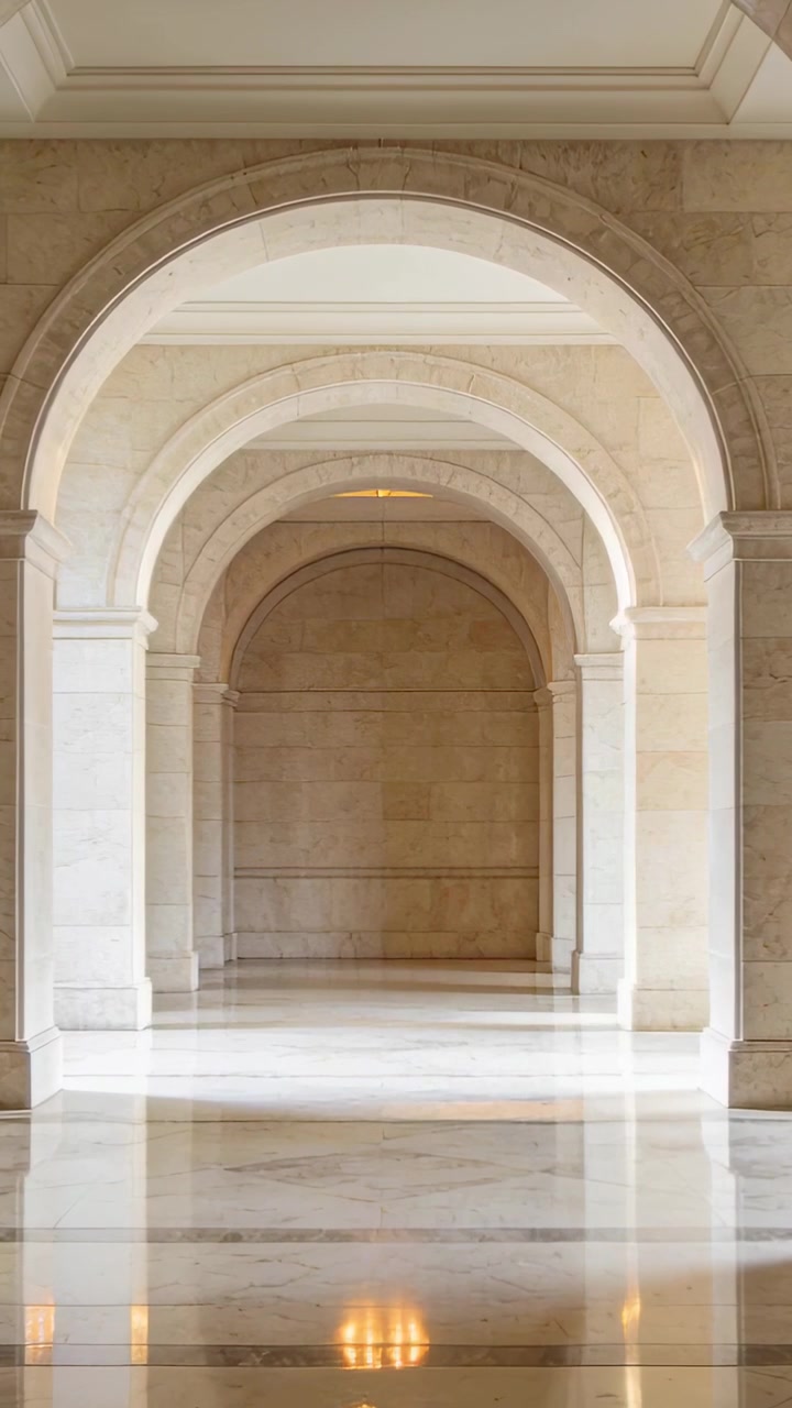 Vertical video: Pushing camera revealing stone arcade and floor reflection in hall, showing depth
